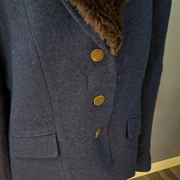Talbots Womens Aberdeen Navy Blue Faux Fur Collar Wool Blend Jacket Blazer 16 - Picture 3 of 10